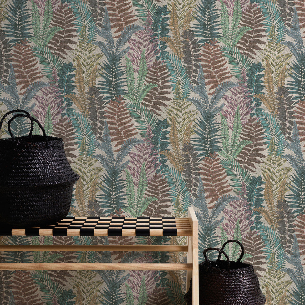 FL61116 Fern Leaves Motif Flourish Beige and Blue Wallpaper By Galerie