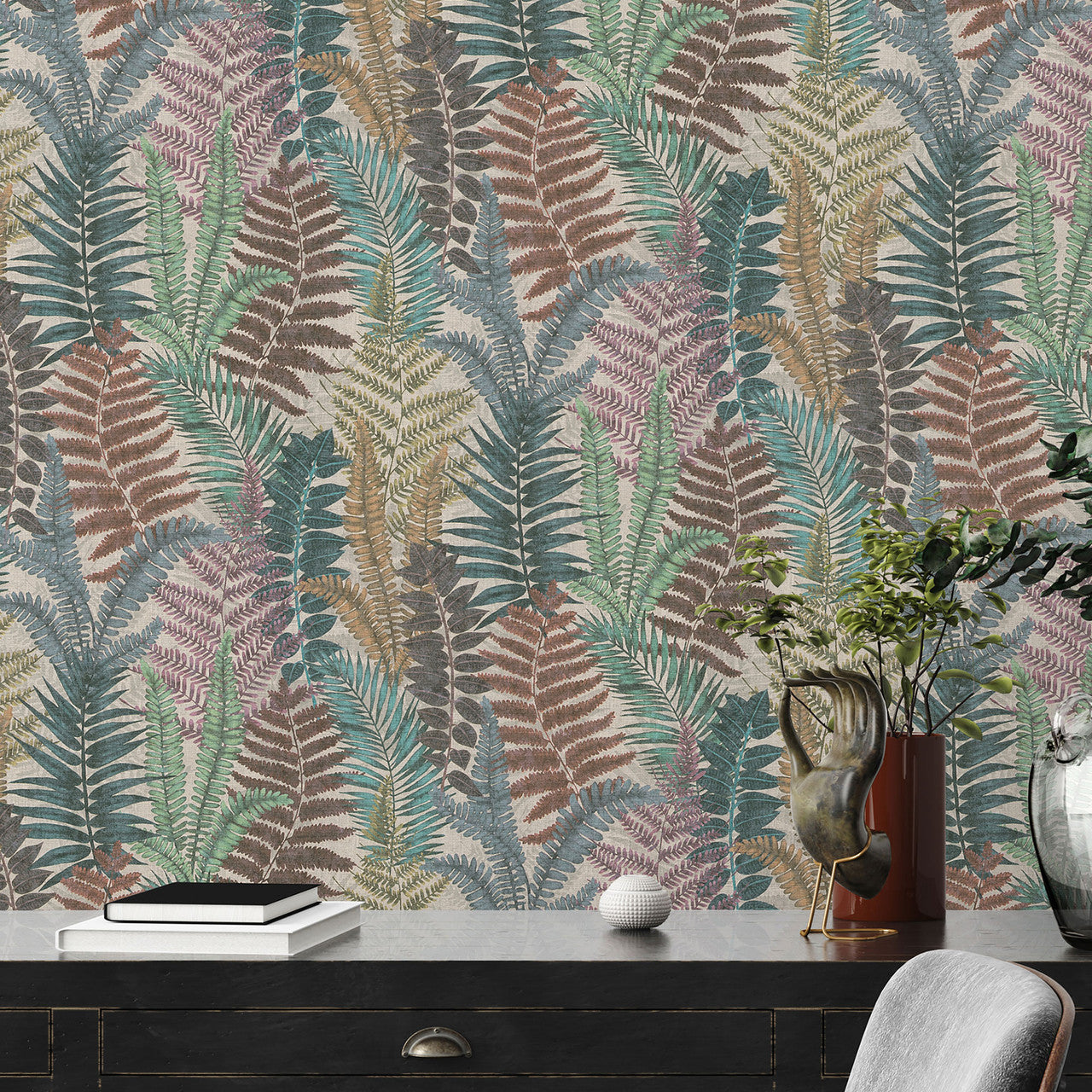 FL61116 Fern Leaves Motif Flourish Beige and Blue Wallpaper By Galerie
