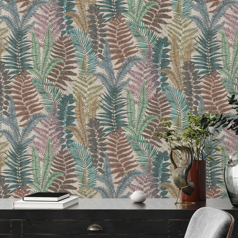 FL61116 Fern Leaves Motif Flourish Beige and Blue Wallpaper By Galerie