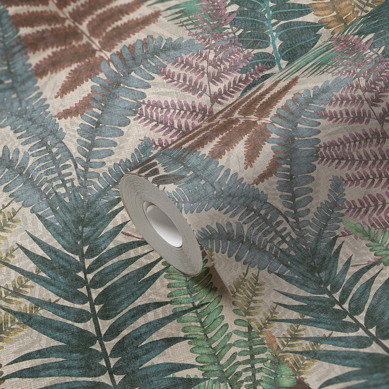 FL61116 Fern Leaves Motif Flourish Beige and Blue Wallpaper By Galerie