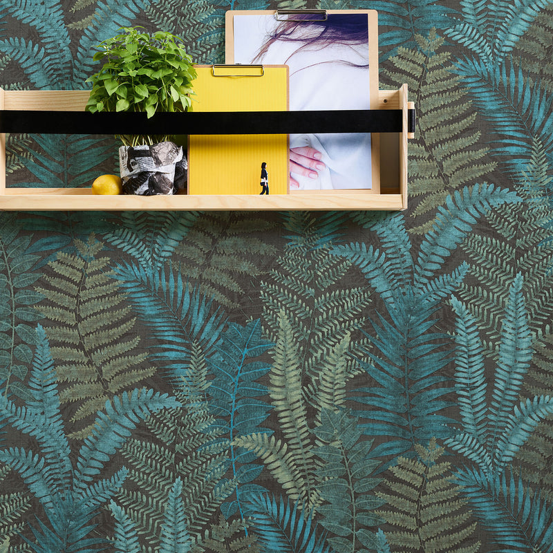 FL61118 Fern Leaves Motif Flourish Blue and Green Wallpaper By Galerie
