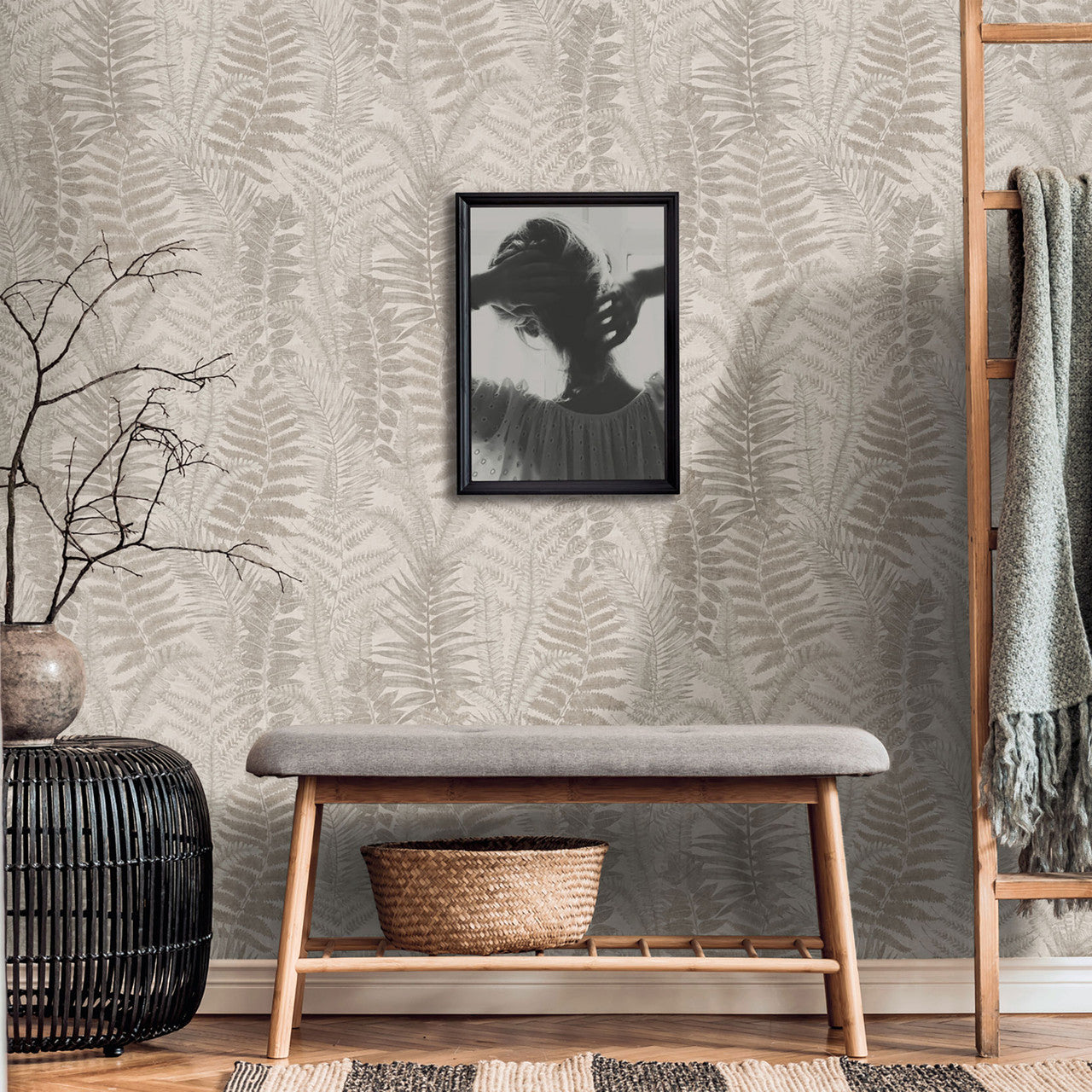 FL61120 Fern Leaves Motif Flourish Beige and Cream Wallpaper By Galerie