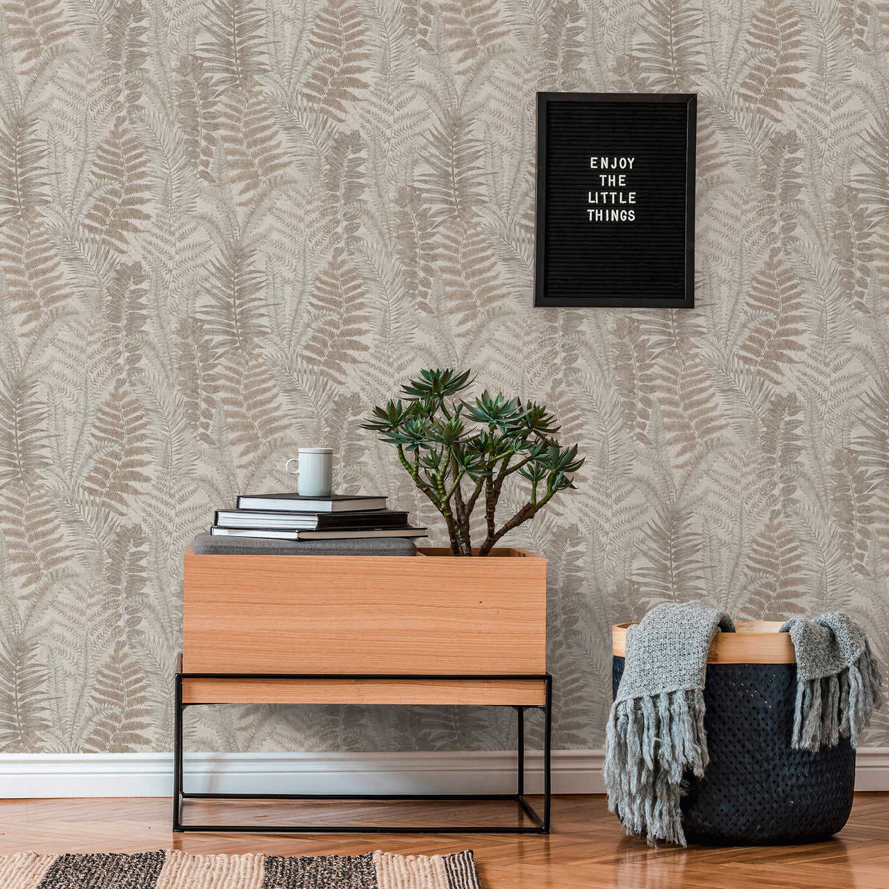 FL61120 Fern Leaves Motif Flourish Beige and Cream Wallpaper By Galerie