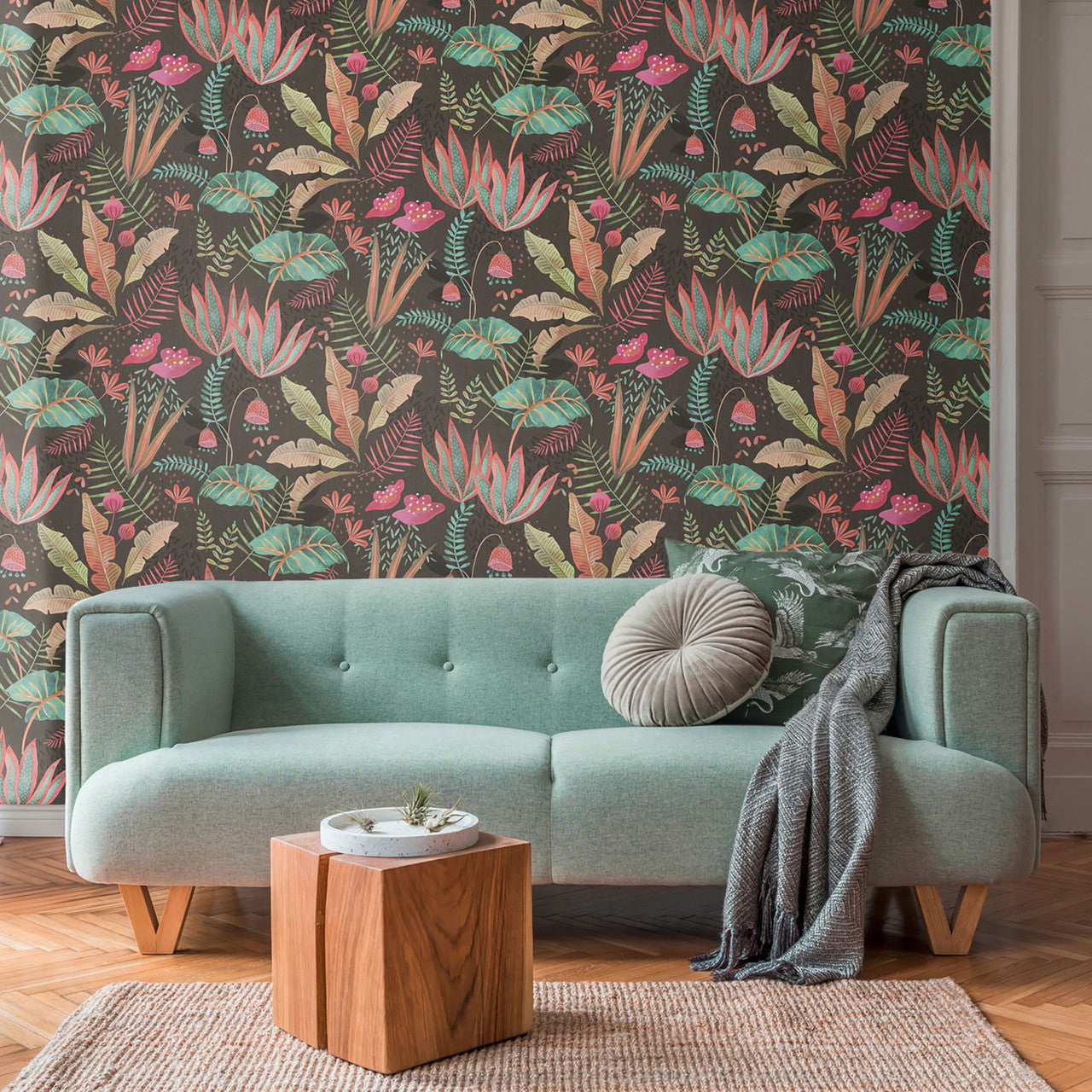 FL61121 Mix Leaves Motif Flourish Green and Pink Wallpaper By Galerie