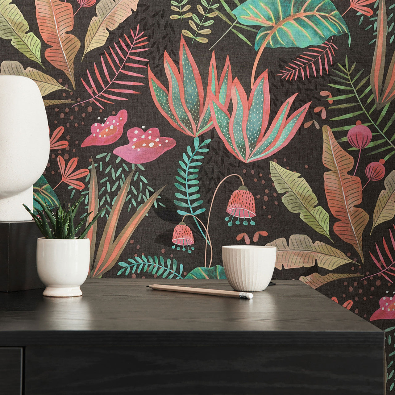 FL61121 Mix Leaves Motif Flourish Green and Pink Wallpaper By Galerie