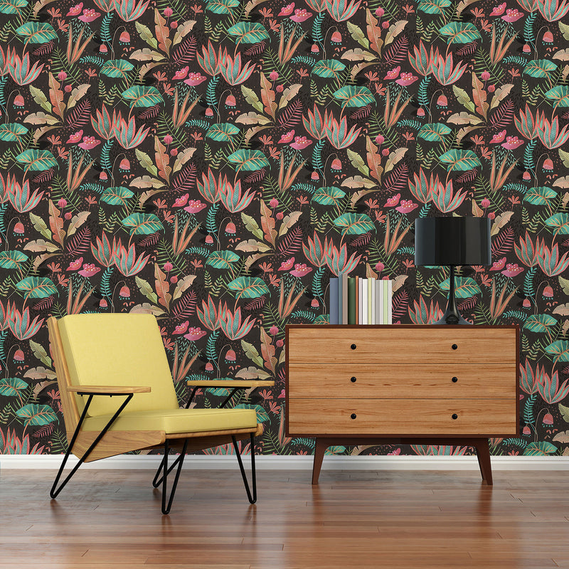 FL61121 Mix Leaves Motif Flourish Green and Pink Wallpaper By Galerie