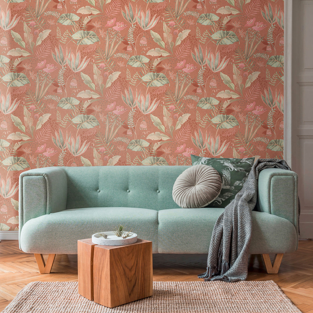 FL61122 Mix Leaves Motif Flourish Beige and Green Wallpaper By Galerie