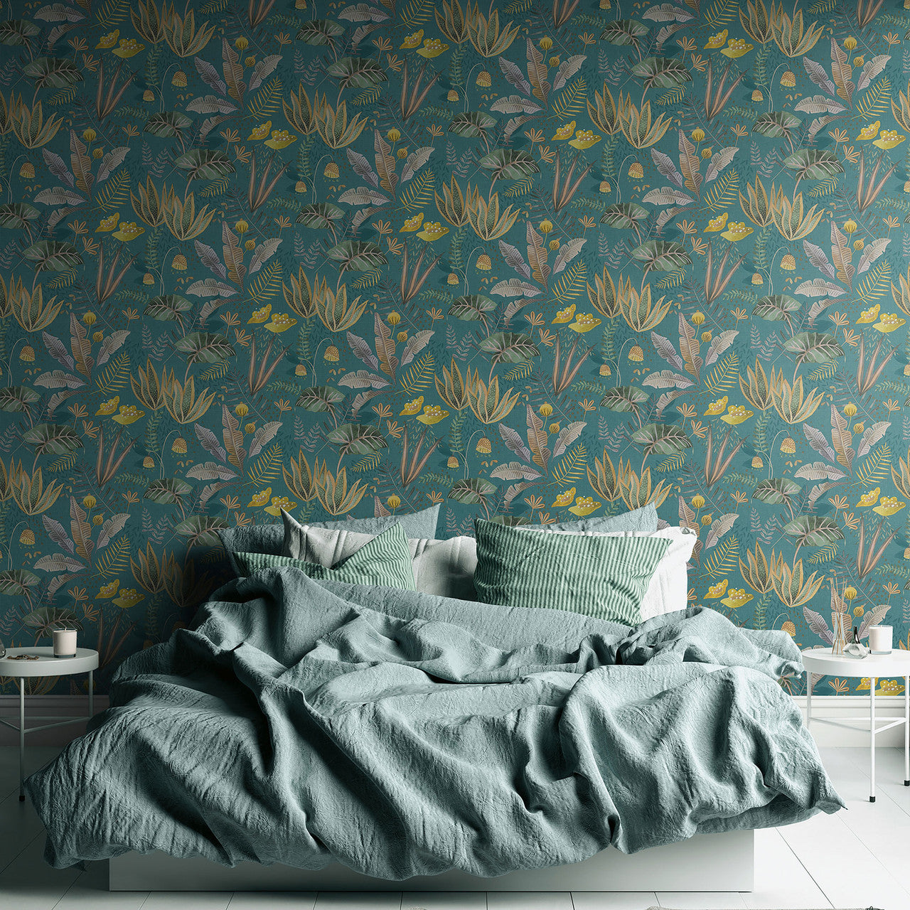 FL61123 Mix Leaves Motif Flourish Blue and Yellow Wallpaper By Galerie