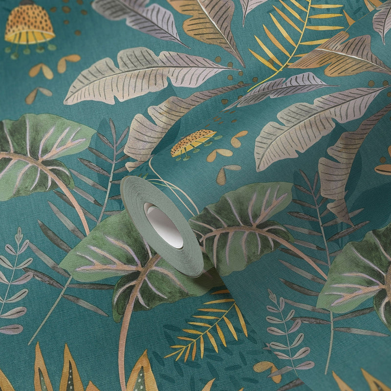 FL61123 Mix Leaves Motif Flourish Blue and Yellow Wallpaper By Galerie