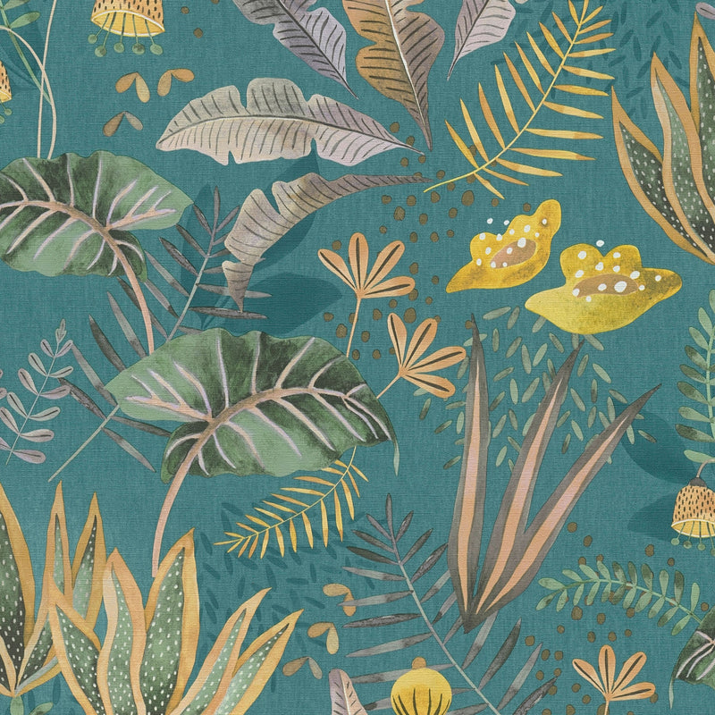 FL61123 Mix Leaves Motif Flourish Blue and Yellow Wallpaper By Galerie