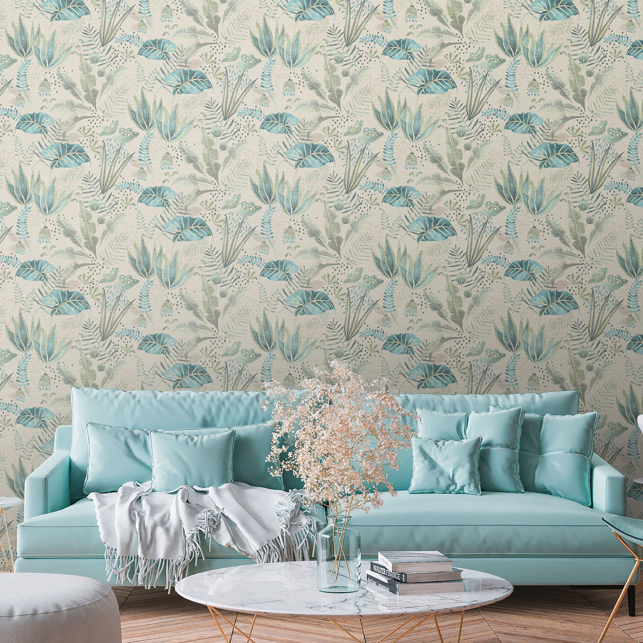 FL61124 Mix Leaves Motif Flourish Beige and Grey Wallpaper By Galerie