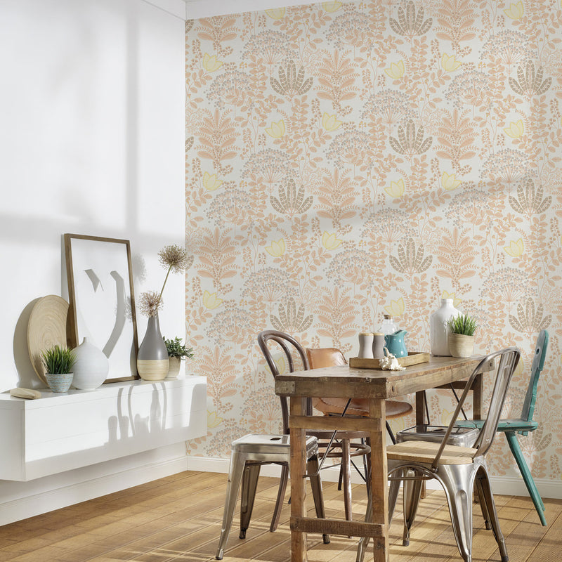 FL61125 Dreaming Garden Motif Flourish Yellow and Orange Wallpaper By Galerie