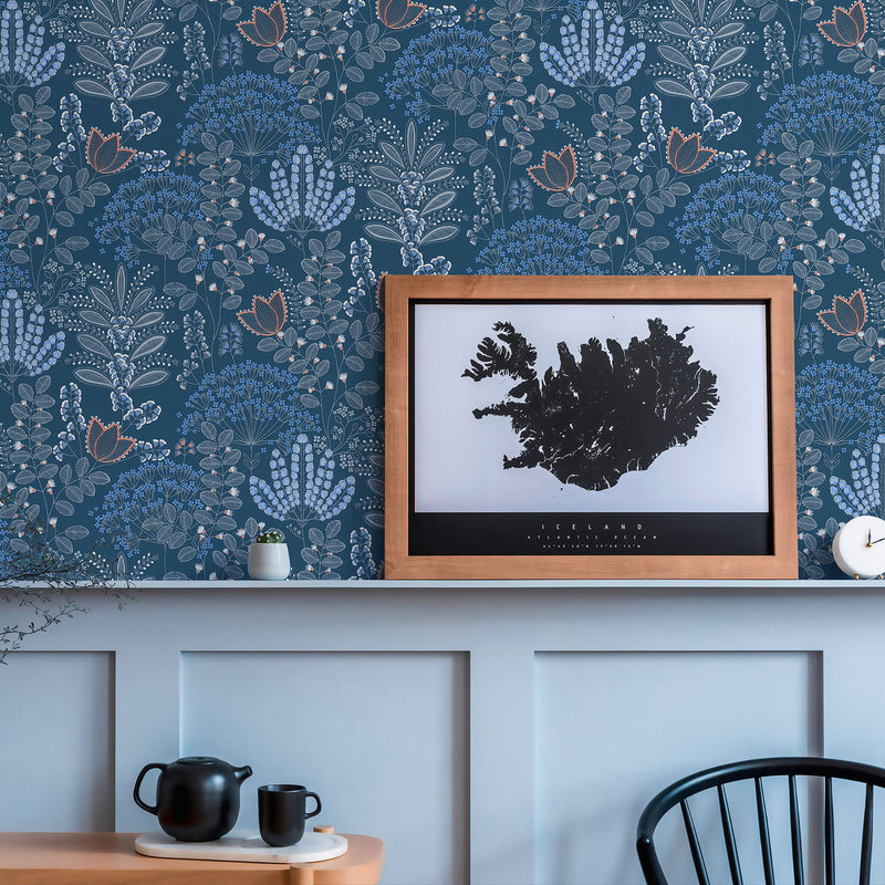 FL61128 Dreaming Garden Motif Flourish Blue and Grey Wallpaper By Galerie