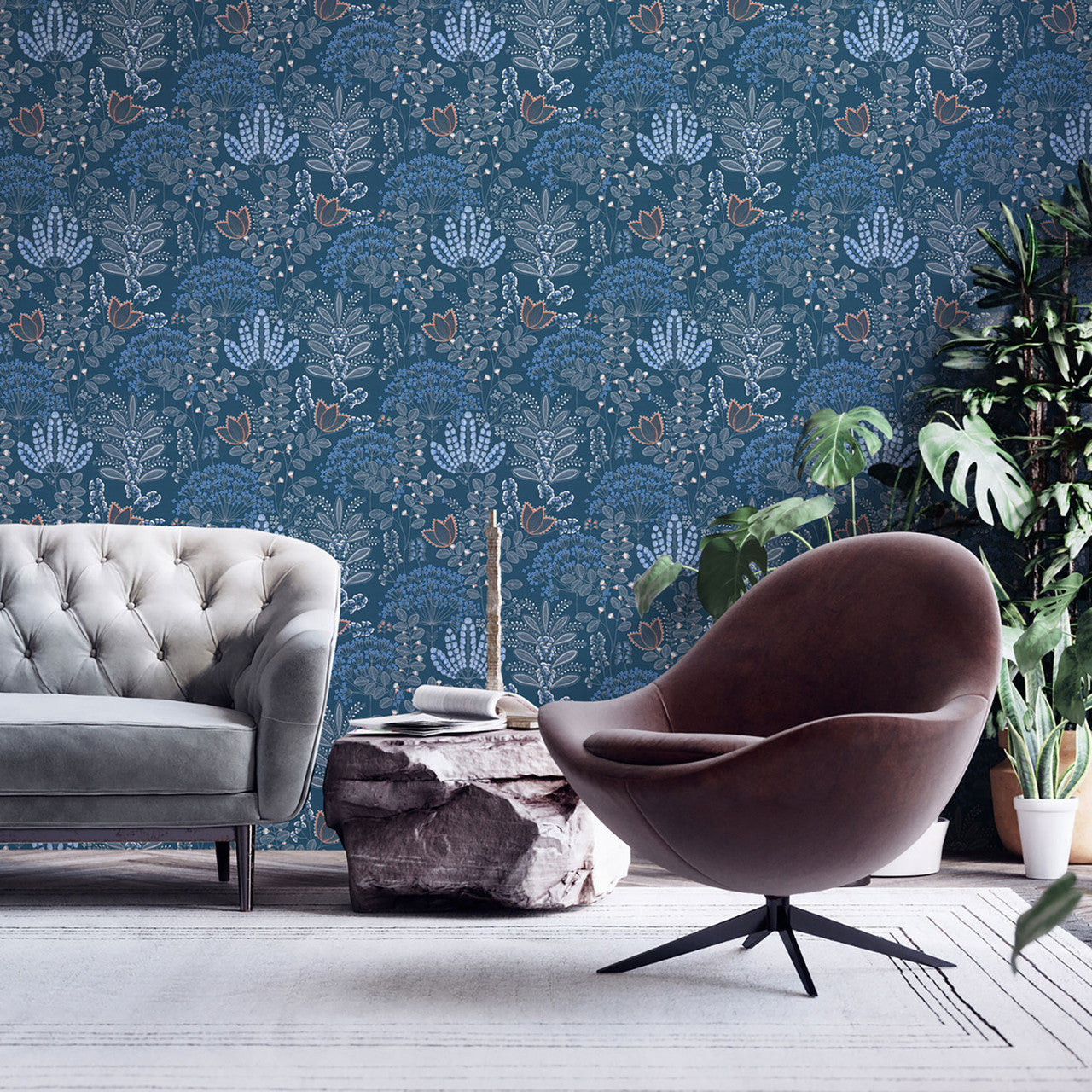FL61128 Dreaming Garden Motif Flourish Blue and Grey Wallpaper By Galerie