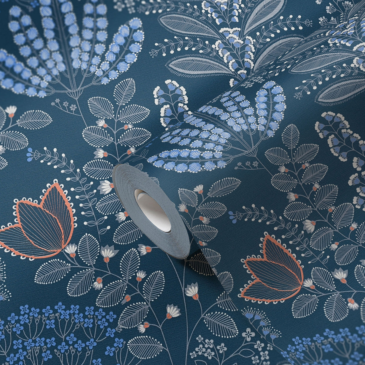 FL61128 Dreaming Garden Motif Flourish Blue and Grey Wallpaper By Galerie