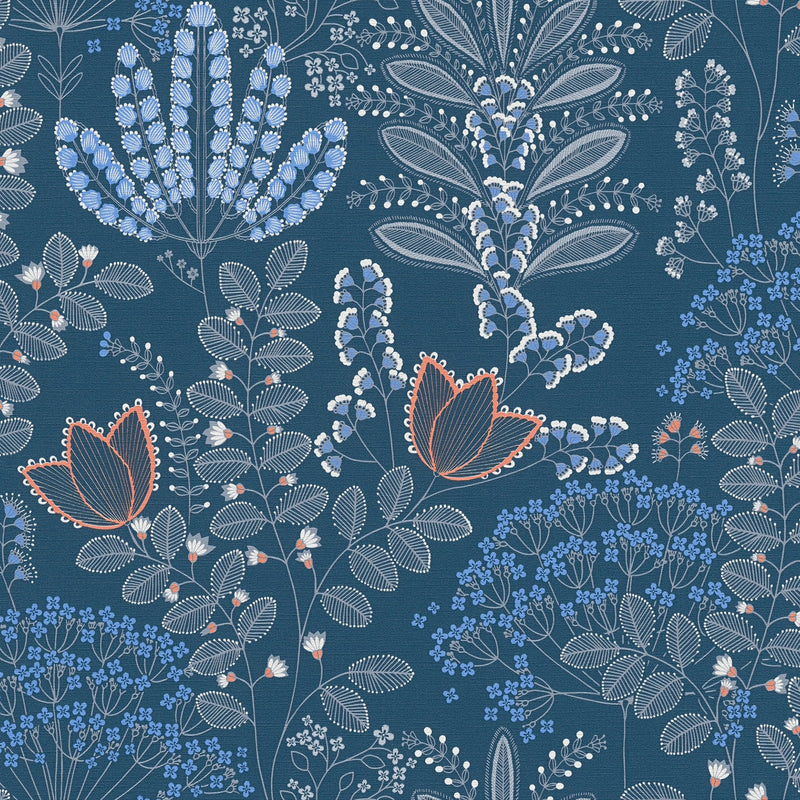 FL61128 Dreaming Garden Motif Flourish Blue and Grey Wallpaper By Galerie