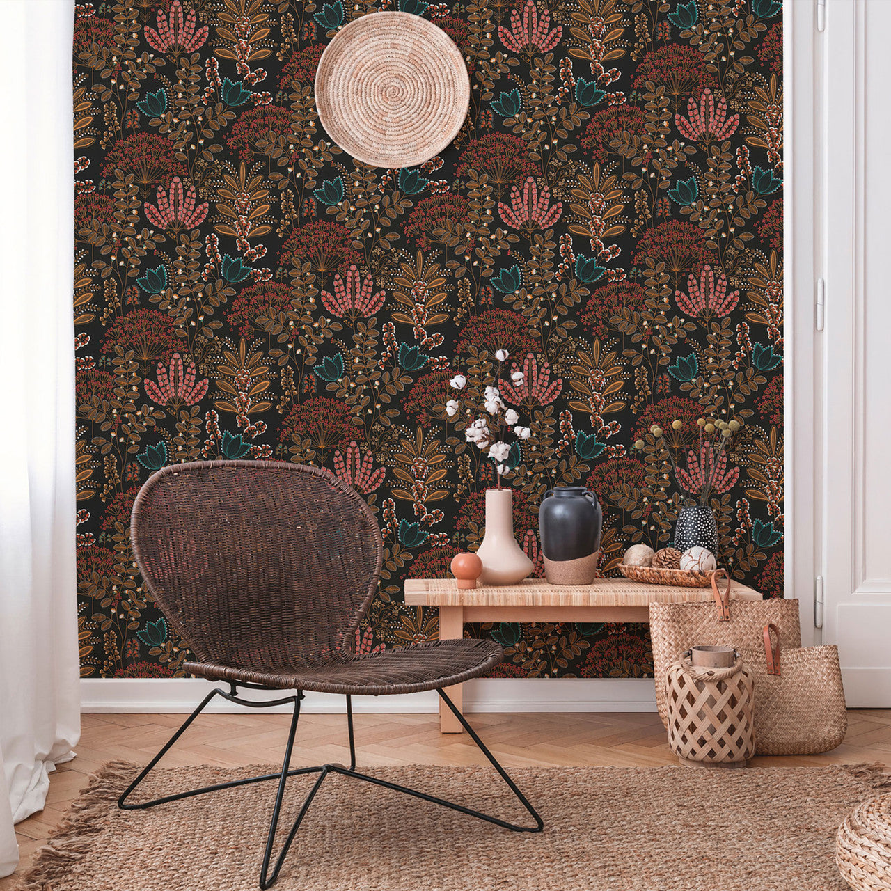 FL61129 Dreaming Garden Motif Flourish Blue and Orange Wallpaper By Galerie