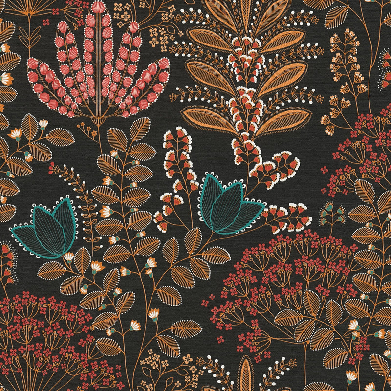 FL61129 Dreaming Garden Motif Flourish Blue and Orange Wallpaper By Galerie