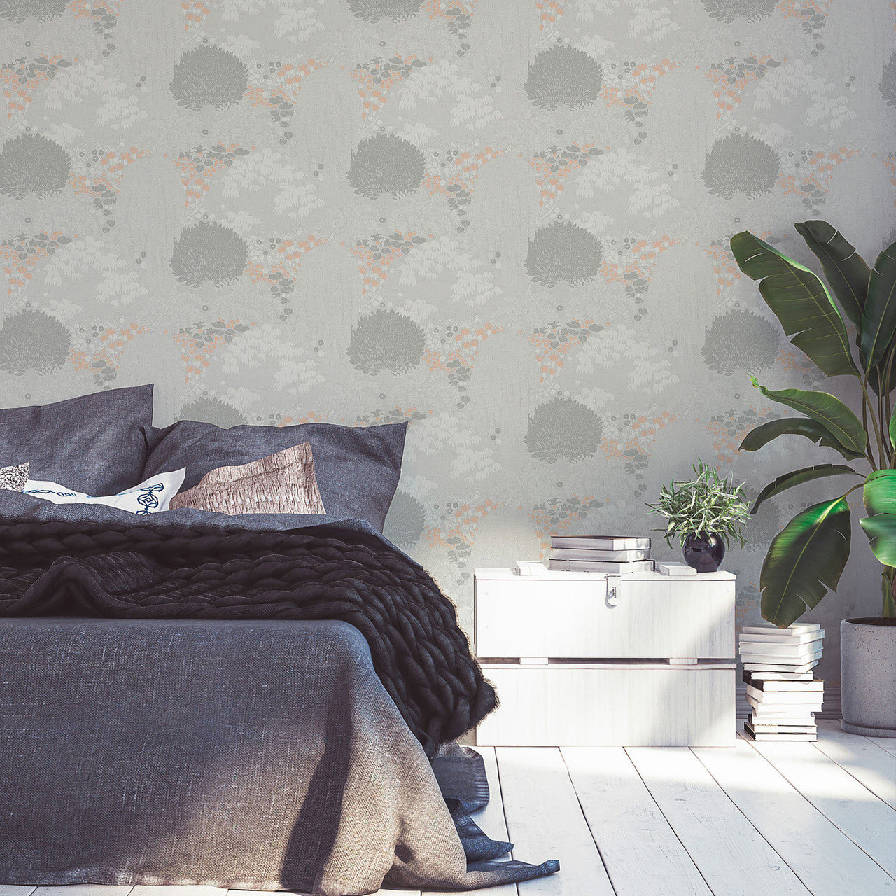 FL61130 Fairytale Leaves Motif Flourish Grey and Pink Wallpaper By Galerie