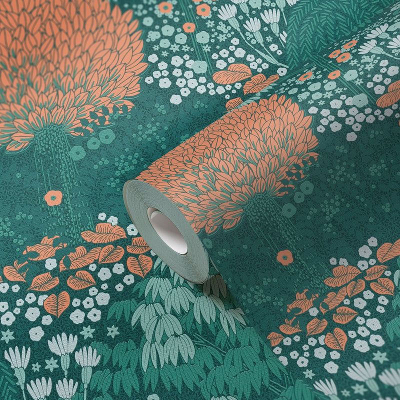 FL61132 Fairytale Leaves Motif Flourish Green and Orange Wallpaper By Galerie