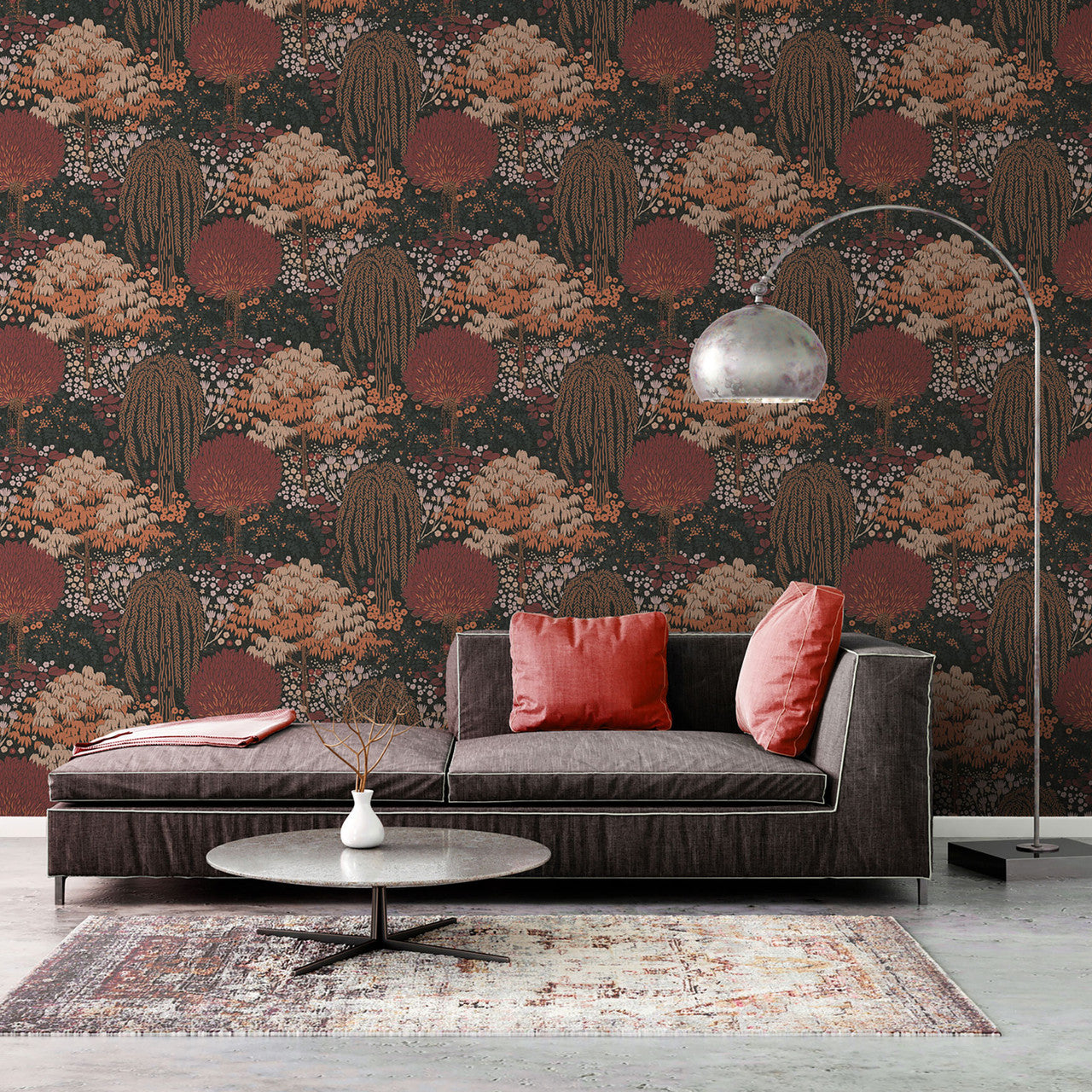 FL61133 Fairytale Leaves Motif Flourish Pink and Red Wallpaper By Galerie