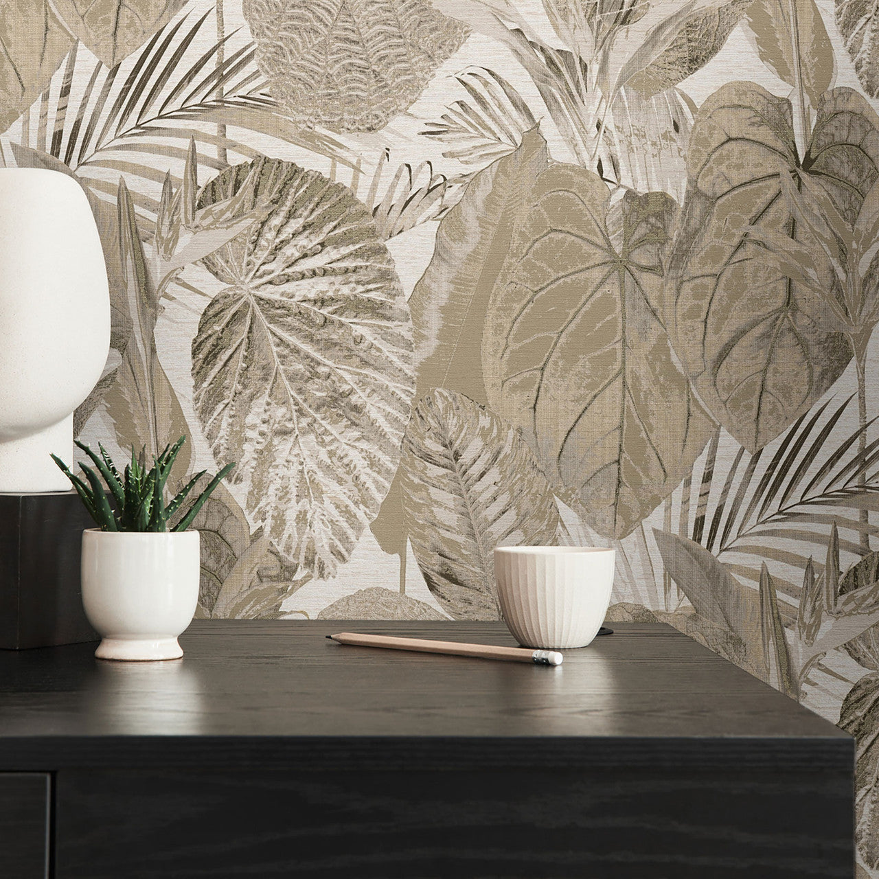 FL61156 Jungle Leaves Motif Flourish Beige and Brown Wallpaper By Galerie
