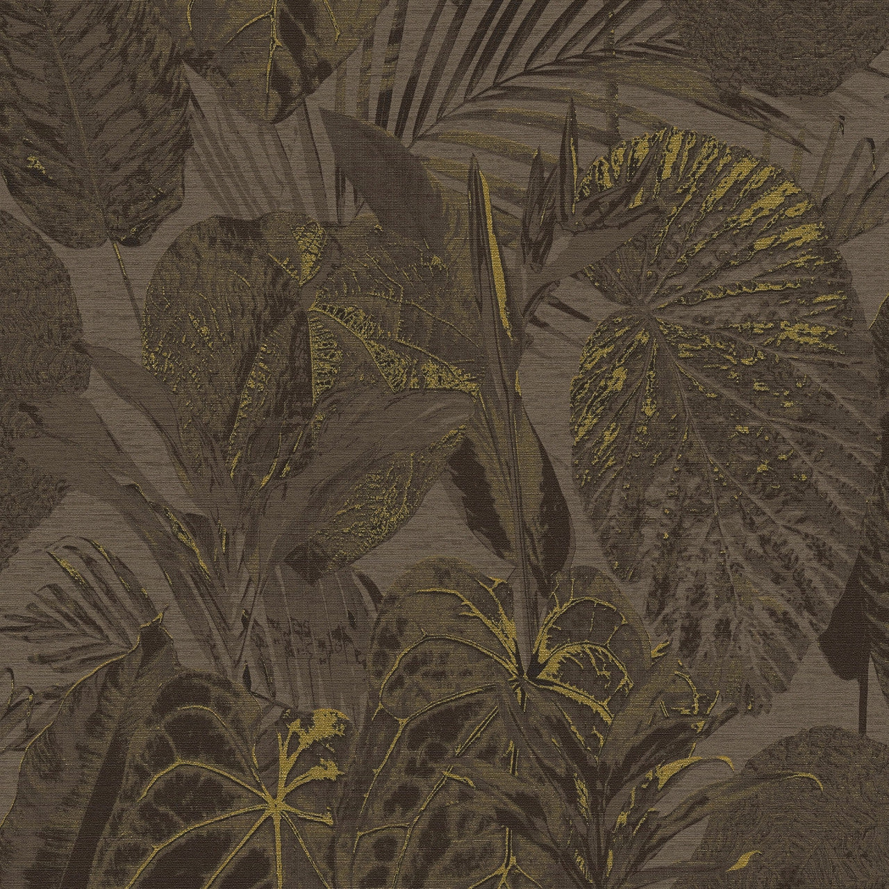 FL61157 Jungle Leaves Motif Flourish Brown and Metallic Wallpaper By Galerie