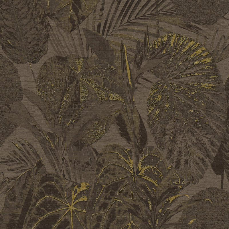 FL61157 Jungle Leaves Motif Flourish Brown and Metallic Wallpaper By Galerie