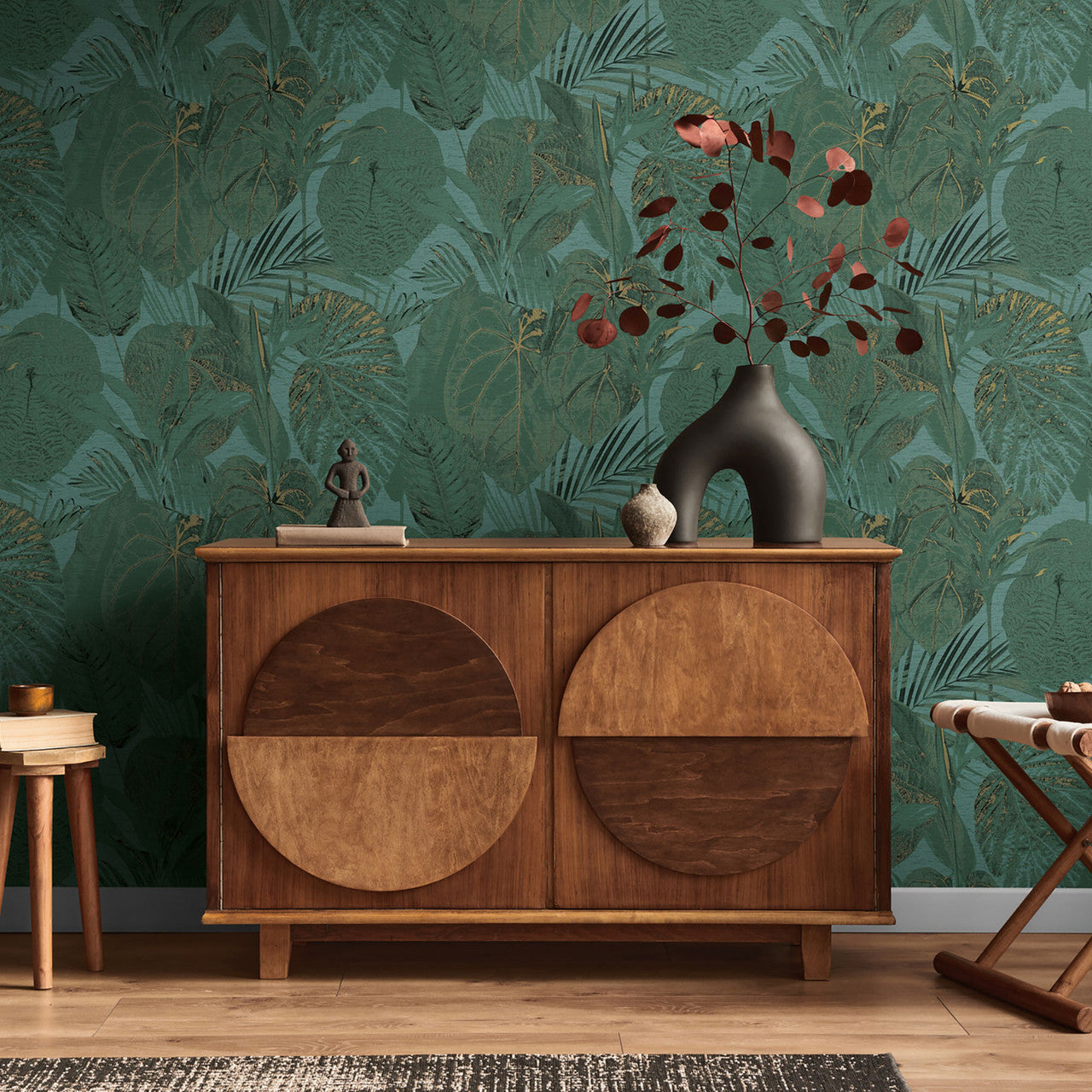 FL61158 Jungle Leaves Motif Flourish Green and Metallic Wallpaper By Galerie