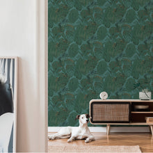 FL61158 Jungle Leaves Motif Flourish Green and Metallic Wallpaper By Galerie