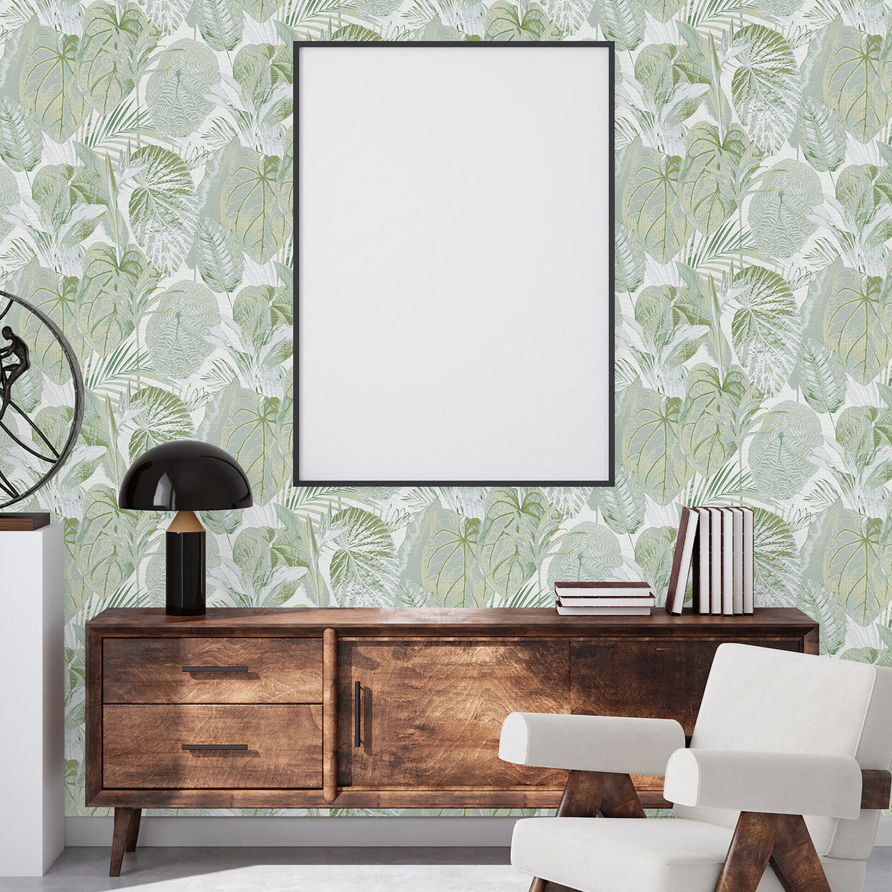 FL61159 Jungle Leaves Motif Flourish Grey and Green Wallpaper By Galerie