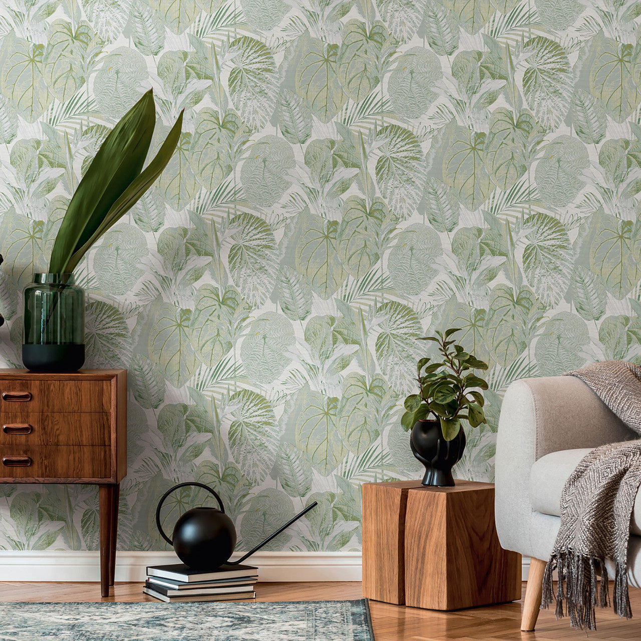FL61159 Jungle Leaves Motif Flourish Grey and Green Wallpaper By Galerie