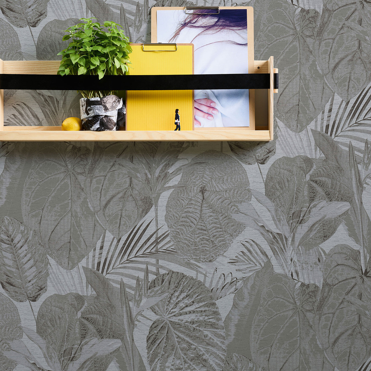 FL61160 Jungle Leaves Motif Flourish Grey and Black Wallpaper By Galerie