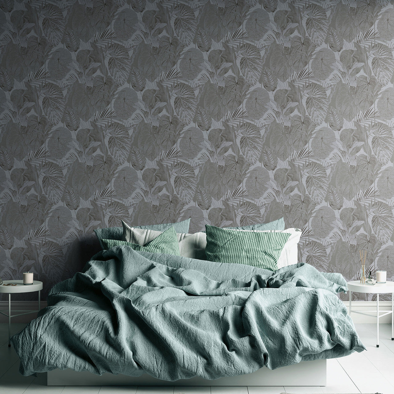 FL61160 Jungle Leaves Motif Flourish Grey and Black Wallpaper By Galerie
