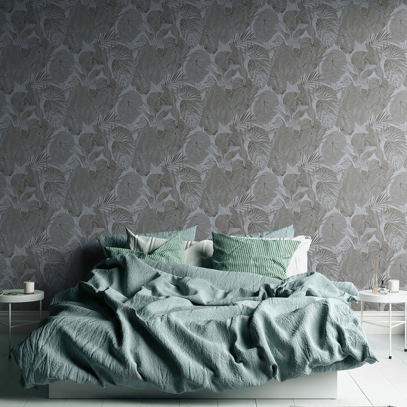 FL61160 Jungle Leaves Motif Flourish Grey and Black Wallpaper By Galerie