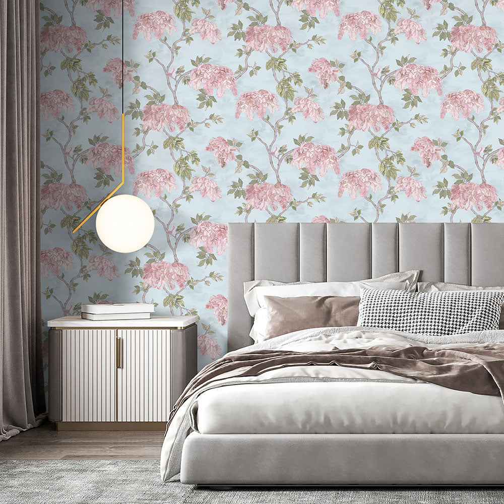 BMHD002/03C Feather Palm Heart Deco Sky Blue Wallpaper by Brand McKenzie