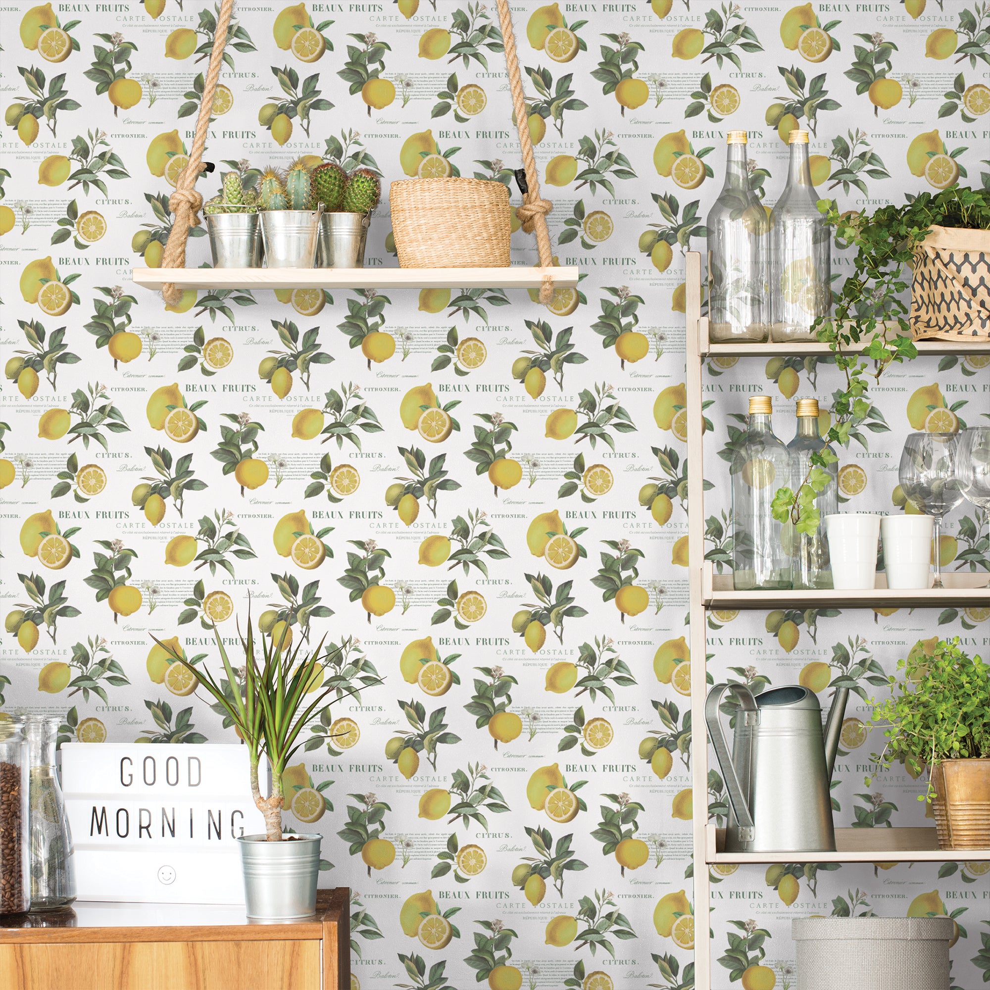 G45409 Citron Botanical Just Kitchens Yellow, Green and White Wallpaper By Galerie