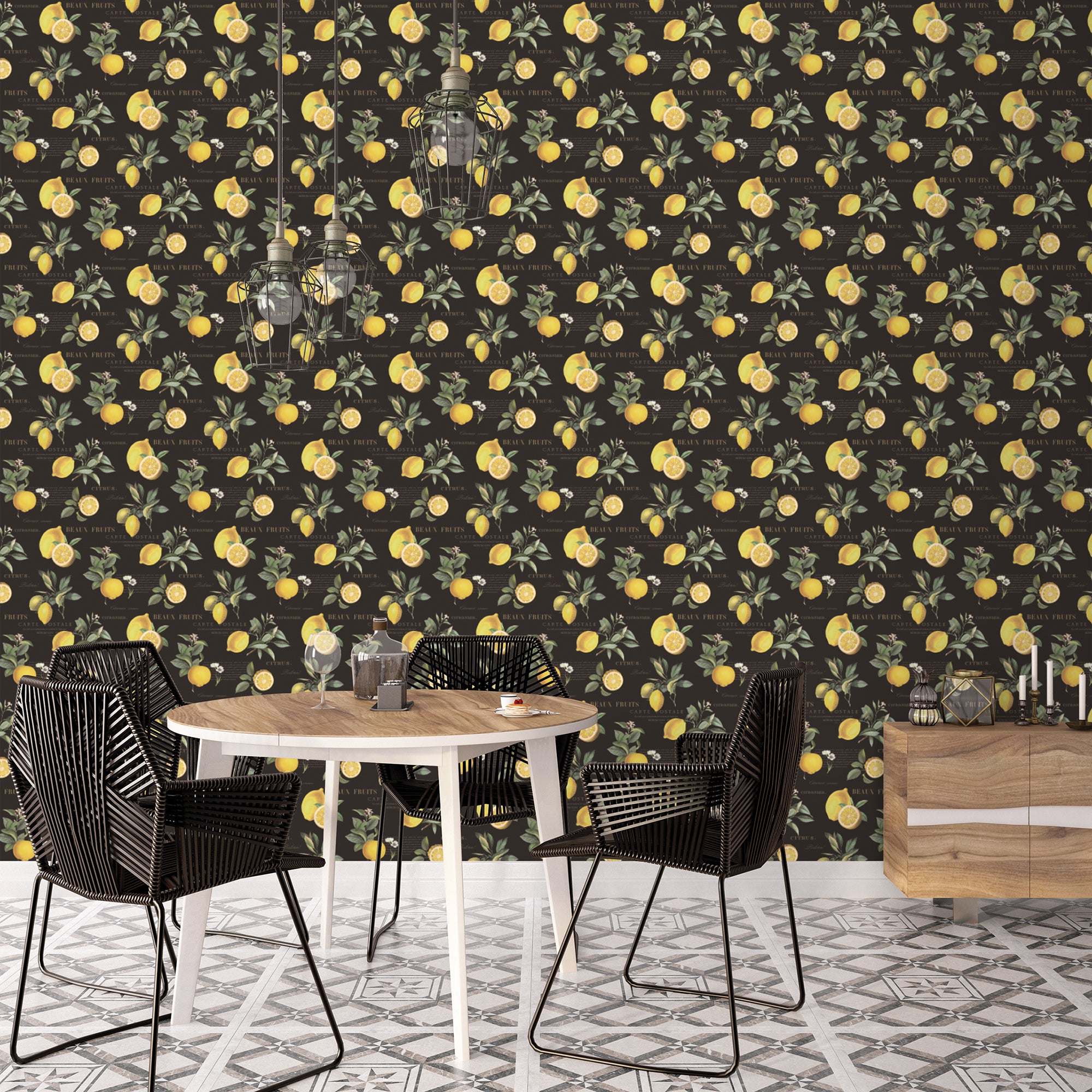 G45411 Citron Botanical Just Kitchens Black and Yellow Wallpaper By Galerie