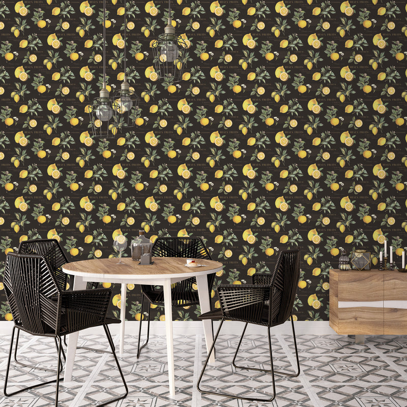 G45411 Citron Botanical Just Kitchens Black and Yellow Wallpaper By Galerie