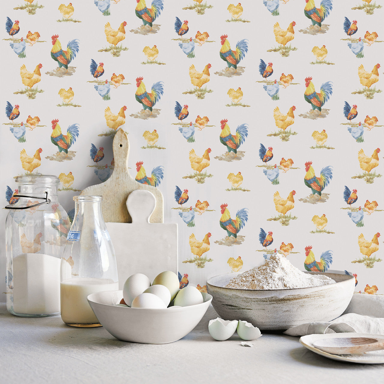 G45416 Free Range Just Kitchens Blue, Yellow and Red Wallpaper By Galerie