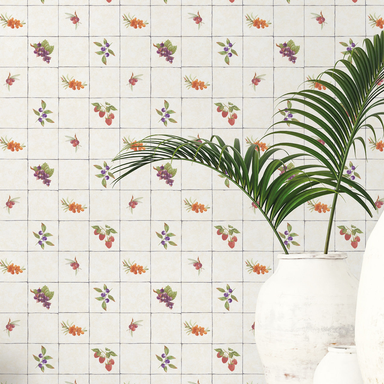 G45418 Fruit Tile Just Kitchens Cream, Red, Purple and Orange Wallpaper By Galerie