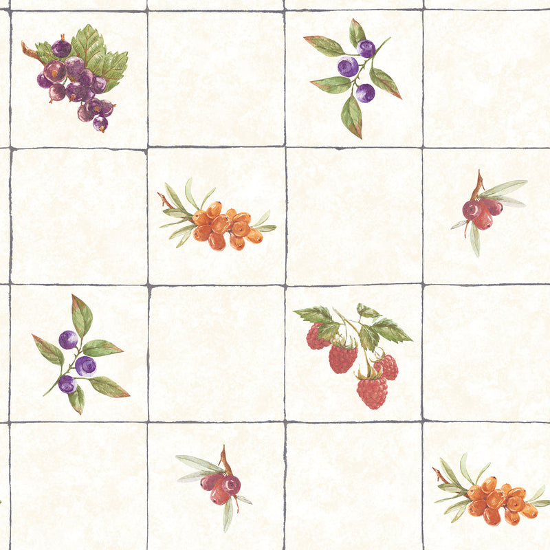 G45418 Fruit Tile Just Kitchens Cream, Red, Purple and Orange Wallpaper By Galerie