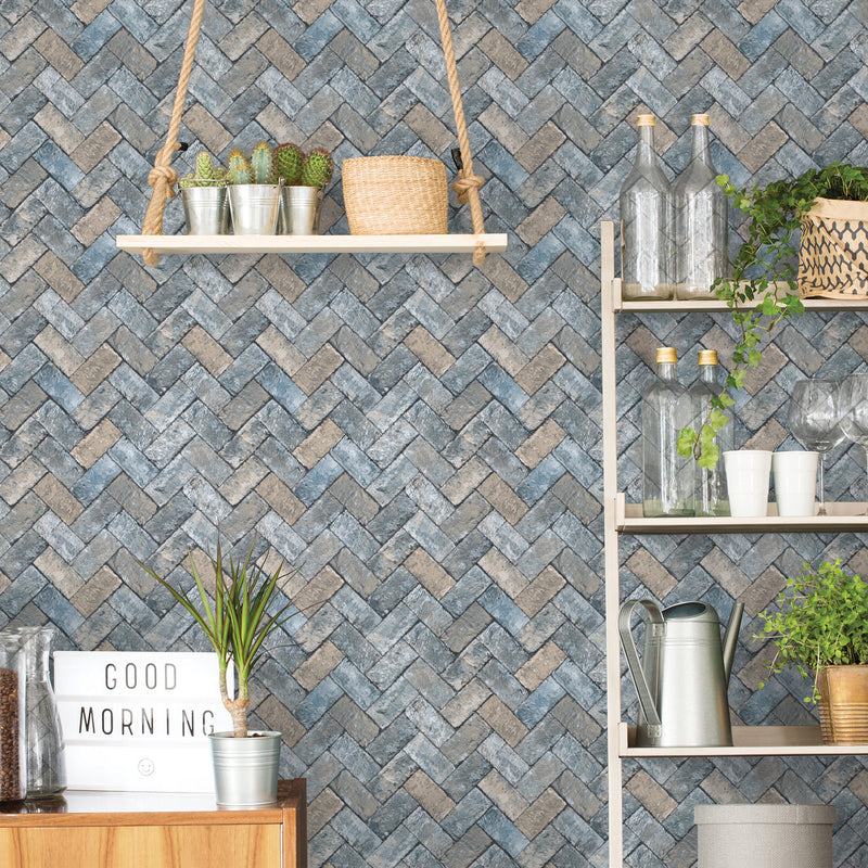 G45425 Herringbone Brick Just Kitchens Blues and Taupe Wallpaper By Galerie