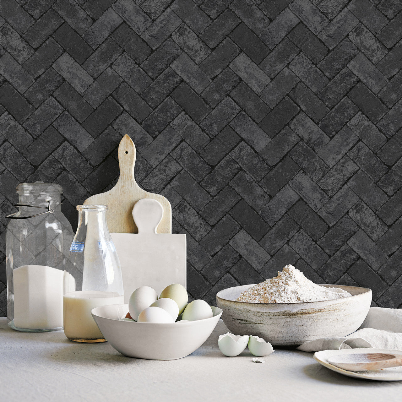 G45426 Herringbone Brick Just Kitchens Black Wallpaper By Galerie