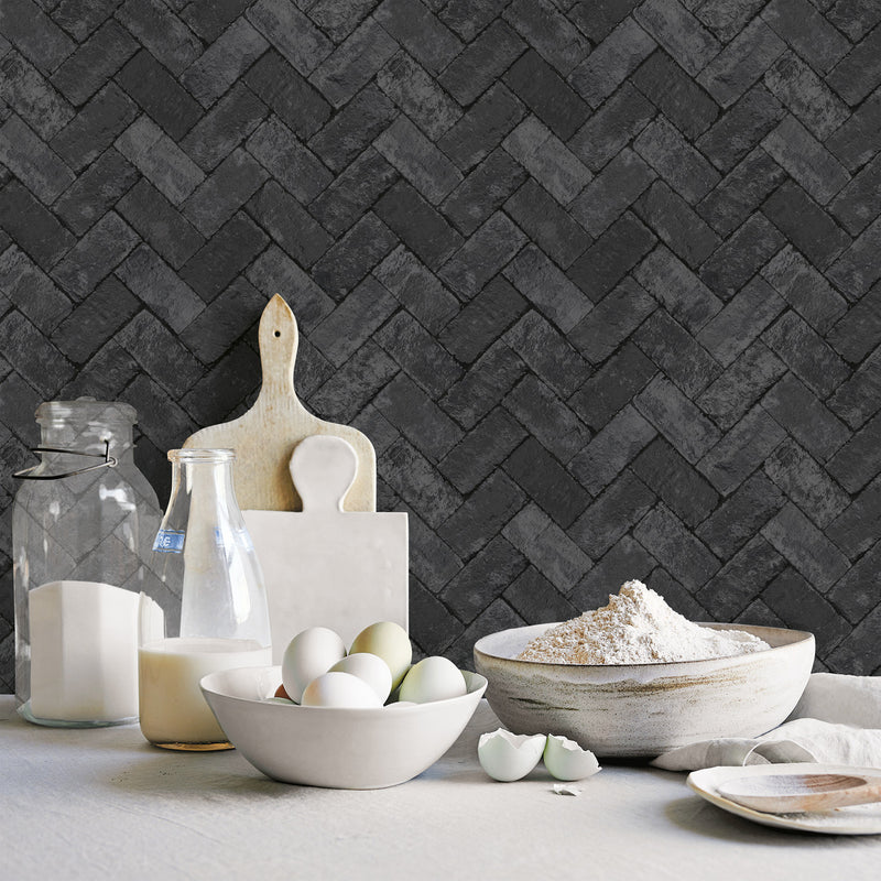 G45426 Herringbone Brick Just Kitchens Black Wallpaper By Galerie