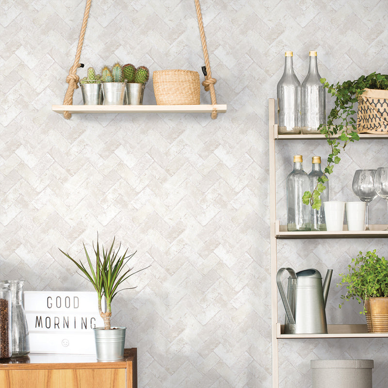 G45427 Herringbone Brick Just Kitchens Beige Wallpaper By Galerie