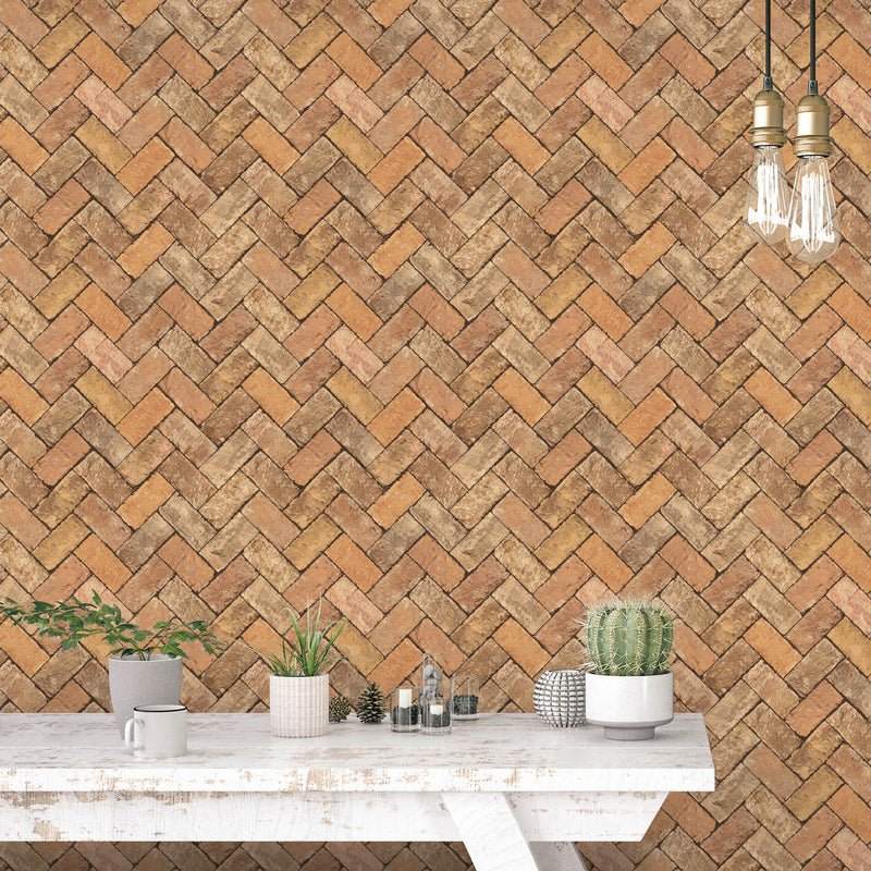 G45428 Herringbone Brick Just Kitchens Orange and Brown Wallpaper By Galerie