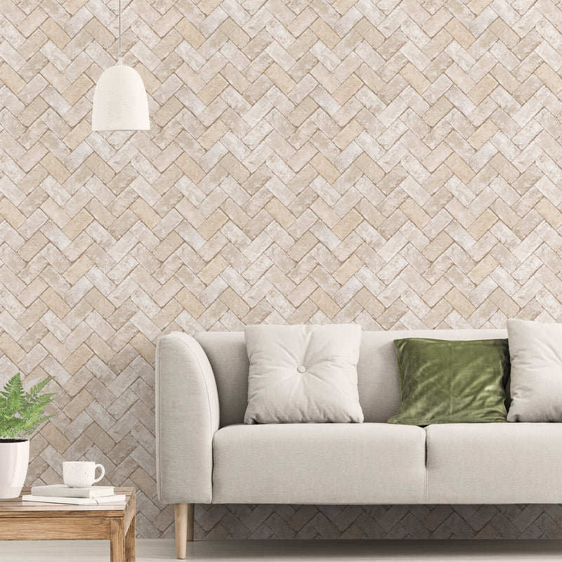G45429 Herringbone Brick Just Kitchens Beige and Grey Wallpaper By Galerie