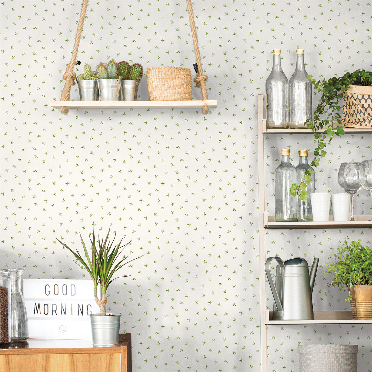 G45437 Leaf Toss Just Kitchens Green and White Wallpaper By Galerie