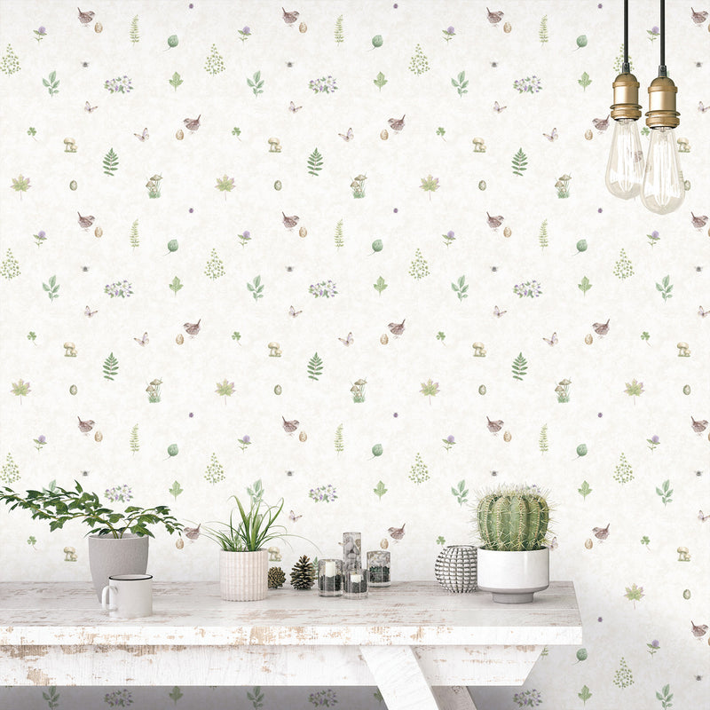 G45442 Meadow Spot Just Kitchens Beige, Green and Lilac Wallpaper By Galerie